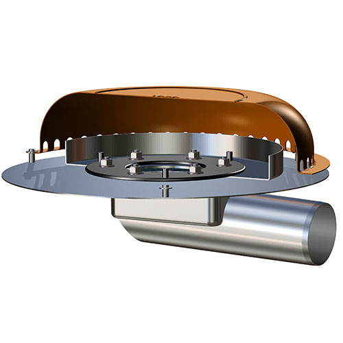 LORO-X RAINSTAR Hochleistung Attika-Schnellablauf, Serie 88 ohne Aufkantung, für Notentwässerung mit Druckströmung, Abflussleistung 37,0 l/s bei 75 mm Wasserhöhe auf dem Dach, Wehrhöhe 40 mm, mit Klemmflansch, als Los- und Festflanschkonstruktion, ohne Aufkantung für Bitumen- und Kunststoff-Abdichtungsbahnen, Eingrifftiefe 106 mm, mit DRAINJET-Powerhaube aus Edelstahl, nach DIN EN 1253, Leistungsnachweis mit normgerechtem Prüfsystem mit 4,2m nicht belüfteter Fallleitung gemäß Systemdatenblatt LX2331, aus Edelstahl, DN 100 LX GEDATI NOT