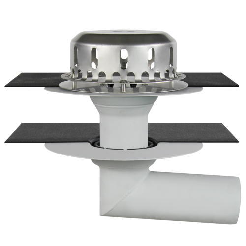 LORO-Flachdachablauf, Serie O, nach DIN EN 1253 mit erhöhtem Qualitätsstandard, aus Aluminium, lichtgrau beschichtet, mit Anschlussmanschette, aus Bitumen/ EPDM-Verbund, zweiteilig, bestehend aus Ablauftrichter,  Anschlussmanschette, Klemmring, Etageneinsatz, Anschlussmanschette, Klemmring und Siebeinheit, Auslauf 3 Grad,  ohne Wärmedämmung, DN 100