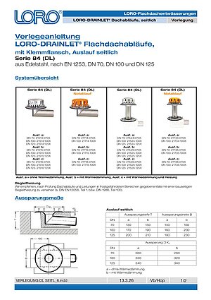Installation instructions LORO-DRAINLET® horizontal socket – Cover page (PDF)