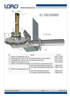 LORO-X parapet balcony drain with socket flange as direct drain or single drain with 90 degree upstand