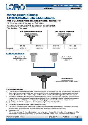 Installation instructions LORO Balcony drains Series HF – Cover page (PDF)