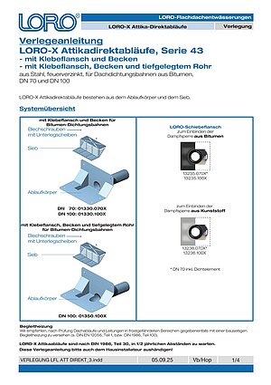 Verlegeanleitung LORO-X Attika Direktabläufe mit Klebeflansch – Titelseite (PDF)