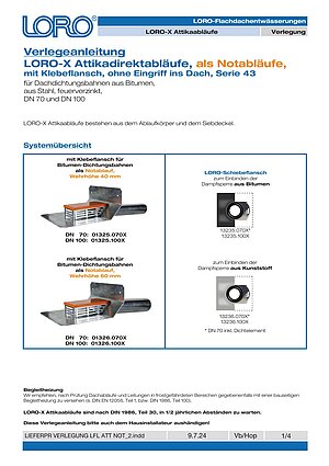 Installation instructions LORO-X Scupper emergency drains roof penetration depth 0 mm – Cover page (PDF)