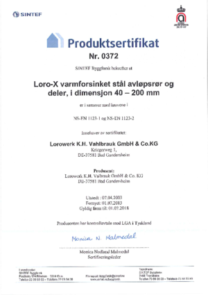 LORO-X steel drainage pipe product certificate Norway
