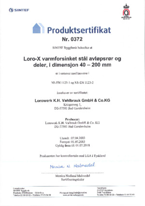 LORO-X-Stahlabflussrohr Produktzertifikat Norwegen