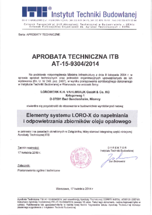LORO-X filling and ventilation lines for heating oil tanks and for pellet storage rooms