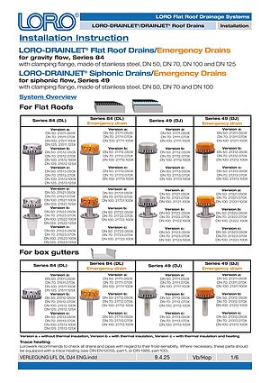 Installation instructions LORO-DRAINLET®/DRAINJET® roof drains – Cover page (PDF)