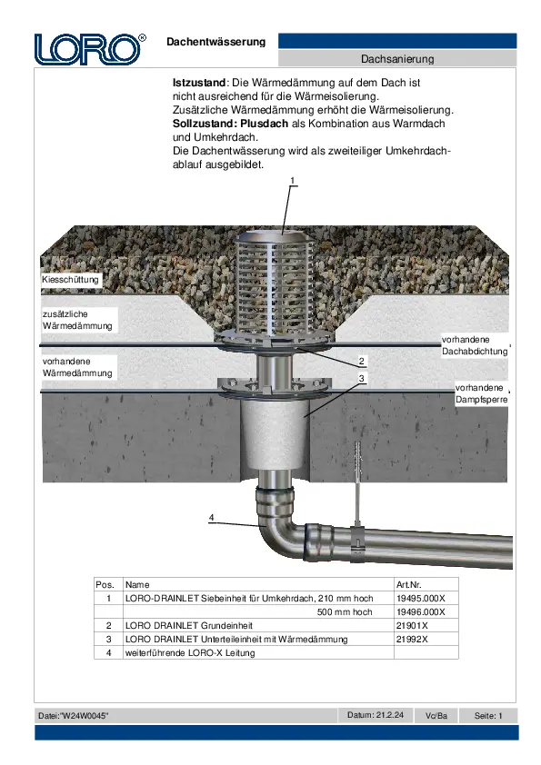 Plusdach Flachdachentwässerung mit LORO-X DRAINLET Umkehrdachabläufen für die Flachdachsanierung