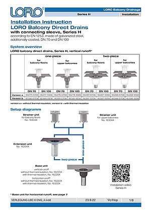 Installation instructions LORO Balcony drains Series H – Cover page (PDF)