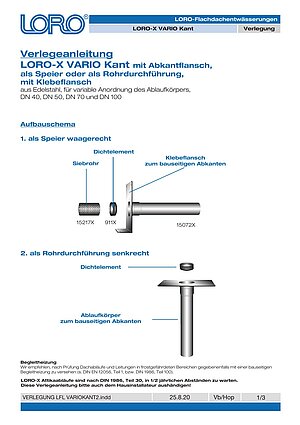 Installation instructions LORO-X VARIO Kant with folding flange, as spout – Cover page (PDF)