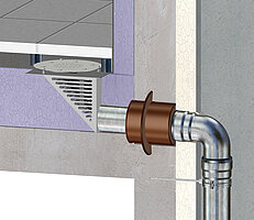 Einsatzbeispiel mit Entwässerungsplatine
für Umkehrdächer auf Balkonen und Terrassen mit Platten auf Plattenlager mit WU-Beton Durchführung
