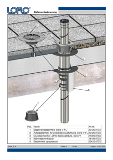 LORO-X scarico balcone Serie V-FL per plastica liquida in due pezzi come scarico diretto con rivestimento in piastrelle