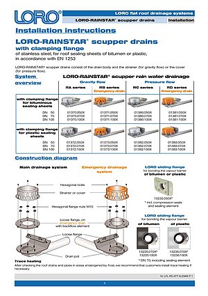 Installation instructions LORO-RAINSTAR® series RA with clamping flange – Cover page (PDF)