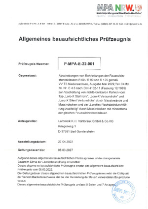 Allgemeines bauaufsichtliches Prüfzeugnis Prüf. Nr. P-MPA-E-22-001