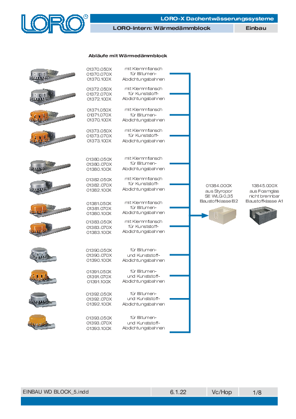 LORO-X thermal insulation block overview: which LORO-X thermal insulation block fits which LORO-X drains