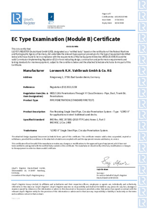 MED Module B Certificate for Penetrations through ‘A’ Class Divisions – Pipe, Duct, Trunk etc. Penetrations - Bulkheads and Decks