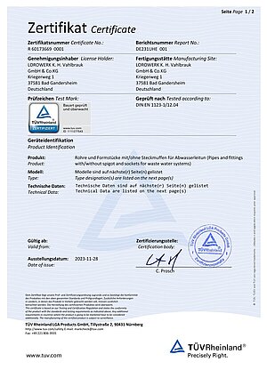Certificate LORO-X steel drainage pipes – Cover page (PDF)