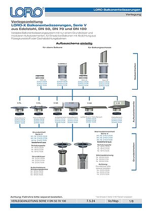 Verlegeanleitung LORO Balkonabläufe Serie V DN 70 und DN 100 – Titelseite (PDF)