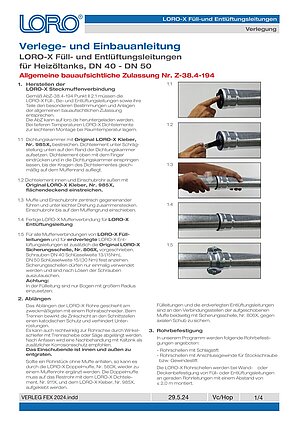 Verlegeanleitung LORO-X Füll- und Entlüftungsrohre – Titelseite (PDF)