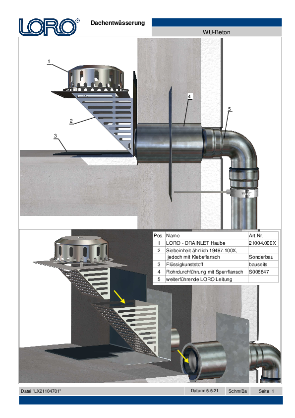 Special part on request: LORO-X height-adjustable strainer unit for inverted roofs, strainer unit with adhesive flange for liquid plastics and puddle flange for waterproof concrete