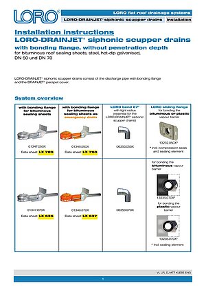 Installation instructions LORO-X DRAINJET® scupper drains with bonding flange – Cover page (PDF)