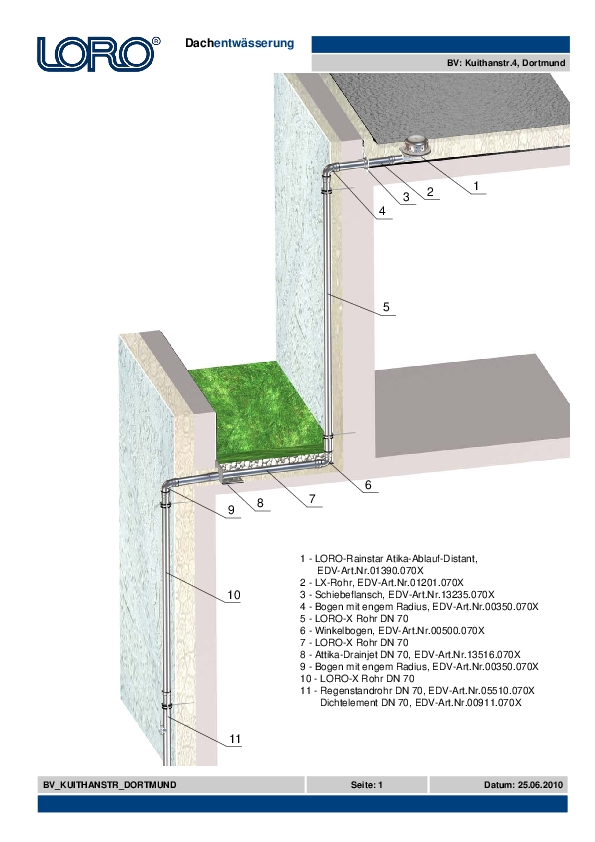 Paso de tuberías LORO-X para planta escalonada como drenaje principal conduce el drenaje de la cubierta sobre la terraza de forma resistente al reflujo