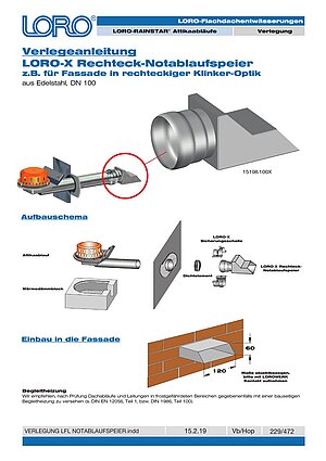 Installation instructions LORO-X rectangular emergency drain spout – Cover page (PDF)