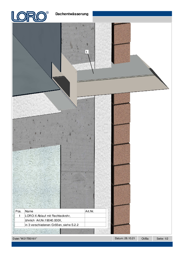 Gárgula retangular LORO-X em aço inoxidável com flange adesivo - ficha técnica PDF