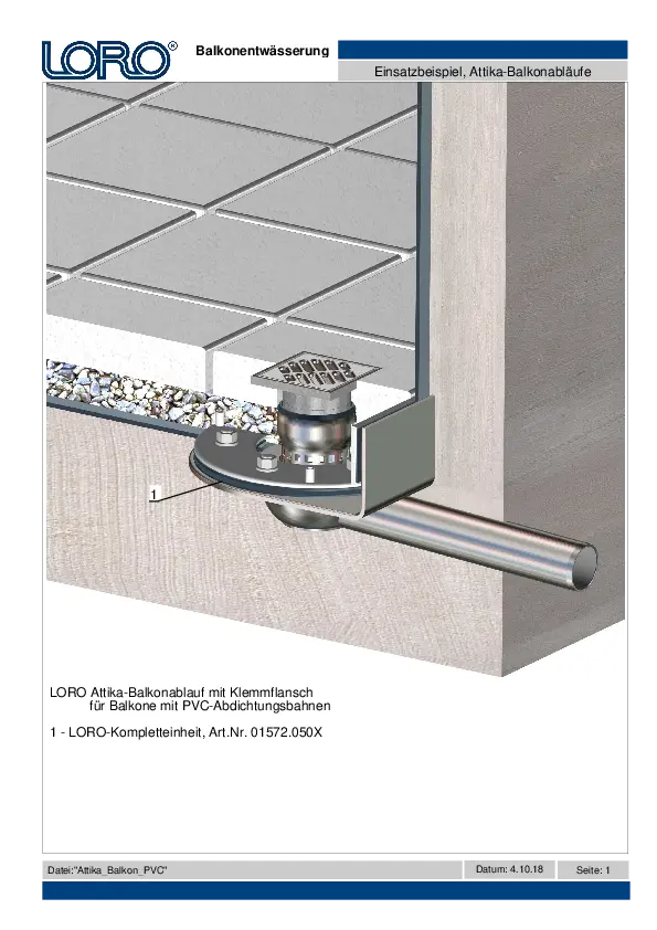 LORO-X parapet balcony drain with 90 degree clamping flange for balconies with PVC waterproofing membranes
