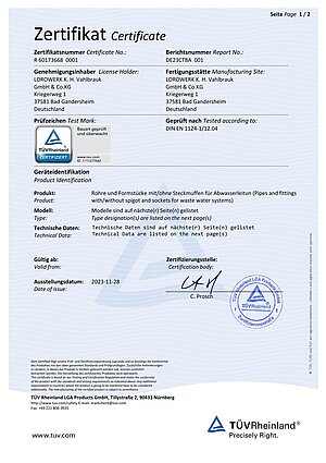 Certificate LORO-XCL stainless steel drainage pipes – Cover page (PDF)