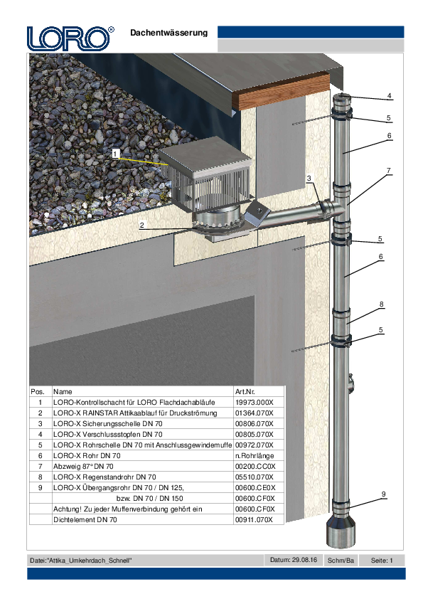 Seria 89 LORO-X RAINSTAR 55 mm "pătrat la rotund" cu adâncime de penetrare redusă pentru acoperiș inversat cu coș de pietriș