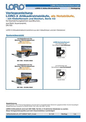 Installation instructions LORO-X Scupper emergency drains with bonding flange – Cover page (PDF)