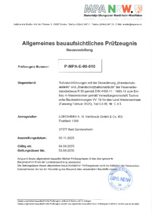 LORO-X Brandschutzabläufe Prüf. Nr. P-MPA-E-09-010