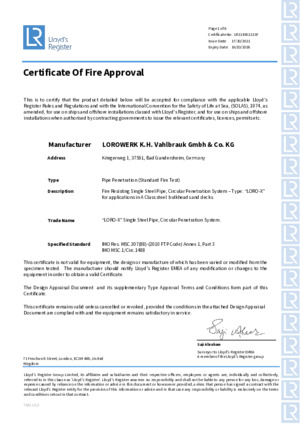 Certificate of Fire Approval – Single Pipe Penetration System for Bulkheads and Decks