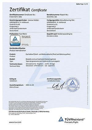 Certificate LORO roof and balcony drains – Cover page (PDF)