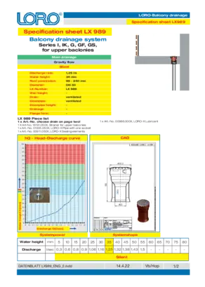 LORO-X Data Sheet Series IK The measured performance verification for balcony drainage DN 50 End strainer
