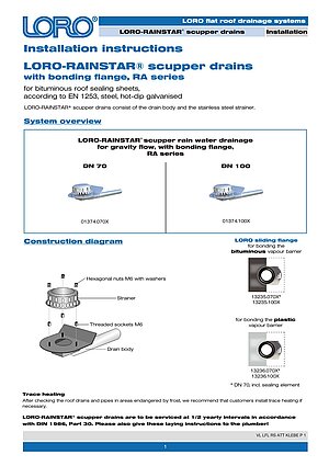 Installation instructions LORO-RAINSTAR® series RA with bonding flange – Cover page (PDF)