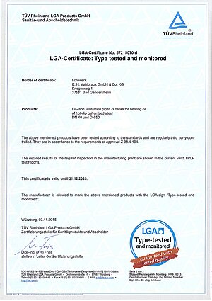 Certificate LORO-X filling and ventilation lines – Cover page (PDF)