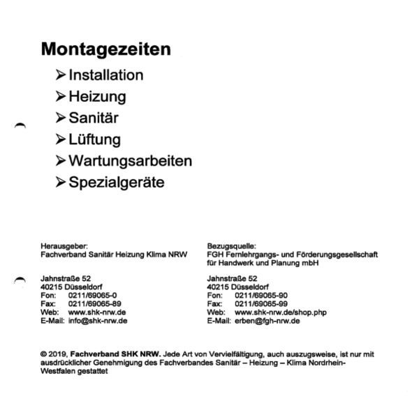 Fachverband NRW - Montagezeiten (Auszug)