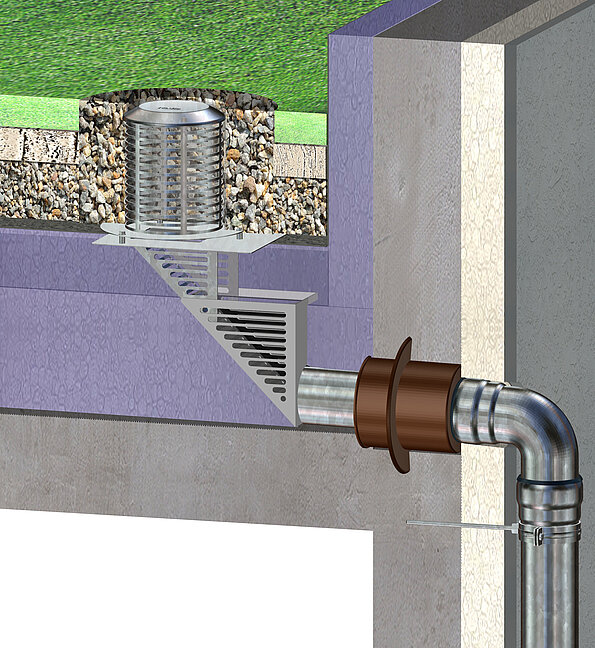 Application example with high strainer basket for graveled inverted roofs with waterproof concrete penetration