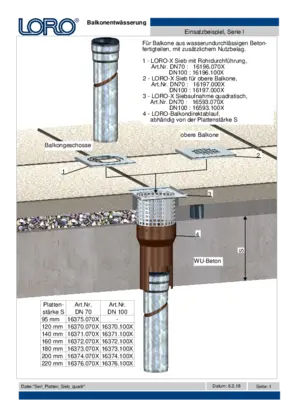 LORO-X Serie I Für Balkone aus wasserundurchlässigen Betonfertigteilen, mit quadratischem Sieb