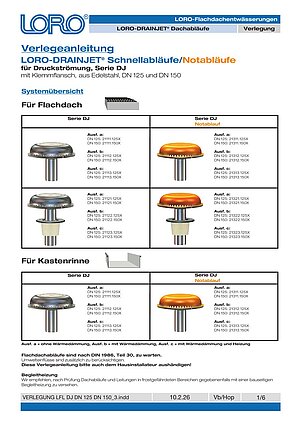 Installation instructions LORO-DRAINJET® DN 125 and DN 150 – Cover page (PDF)