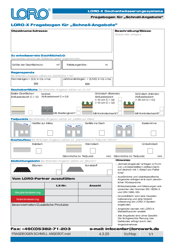 Questionnaire for “quick offers” based on LX data sheets for standard roof drainage systems