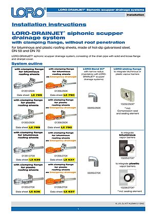 Installation instructions LORO-DRAINJET® siphonic scupper drains with clamping flange – Cover page (PDF)