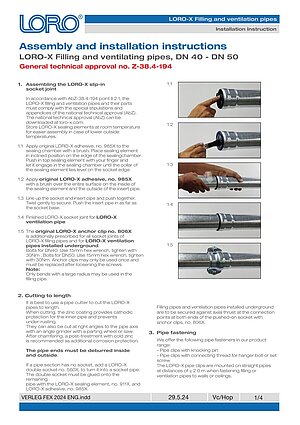 Installation instructions LORO-X filling and ventilation pipes – Cover page (PDF)