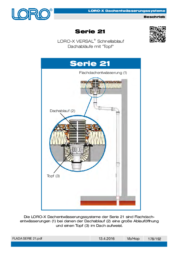 LORO-X Serie 21 VERSAL scarico tetto piano con pozzetto – scheda tecnica