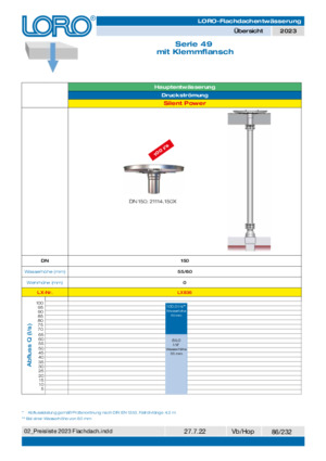 LORO-X Serie 49 100 l/s Ablauf, mit Klemmflansch