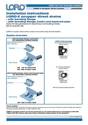Installation instructions LORO-X Scupper direct drains with adhesive flange – Cover page (PDF)