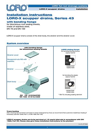 Installation instructions LORO-X Scupper drains roof penetration depth 0 mm – Cover page (PDF)