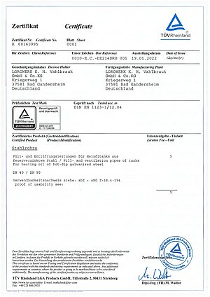 Zertifikat LORO-X Füll- und Entlüftungsleitungen – Titelseite (PDF)